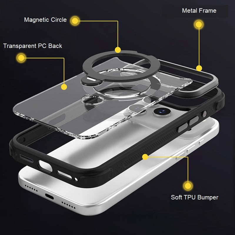 MagSafe Clear Case with 360° Rotating Ring Stand & Shockproof Frame for iPhone