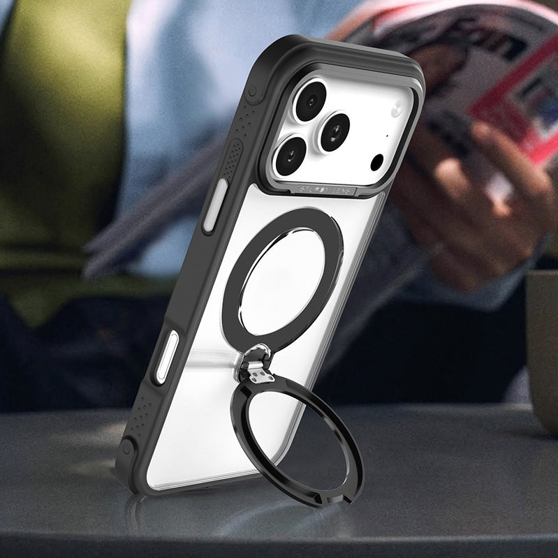 MagSafe Clear Case with 360° Rotating Ring Stand & Shockproof Frame for iPhone