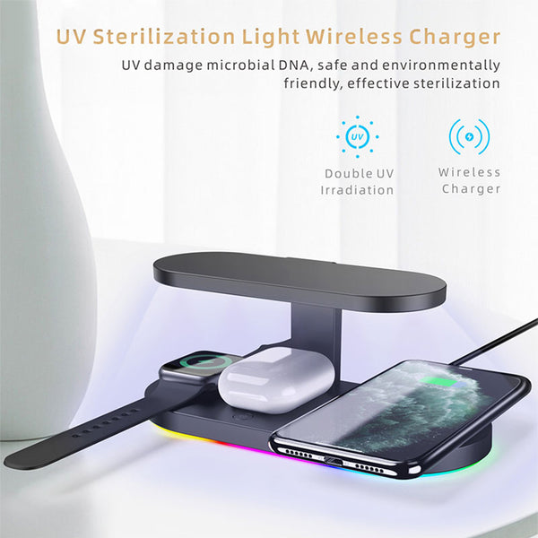UV Sterilization Light Wireless Charger,3 in 1 Wireless Charger Station 15W Fast Charging Stand for iPhone and Smart Phone