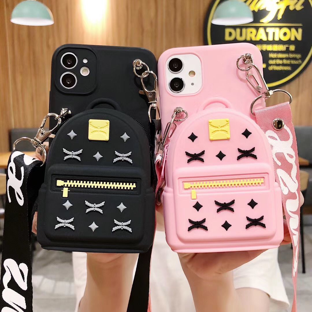 Cute Soft Silicone Animated Fashion Protective Back Cover with Pocket and Detachable Necklace for iPhone