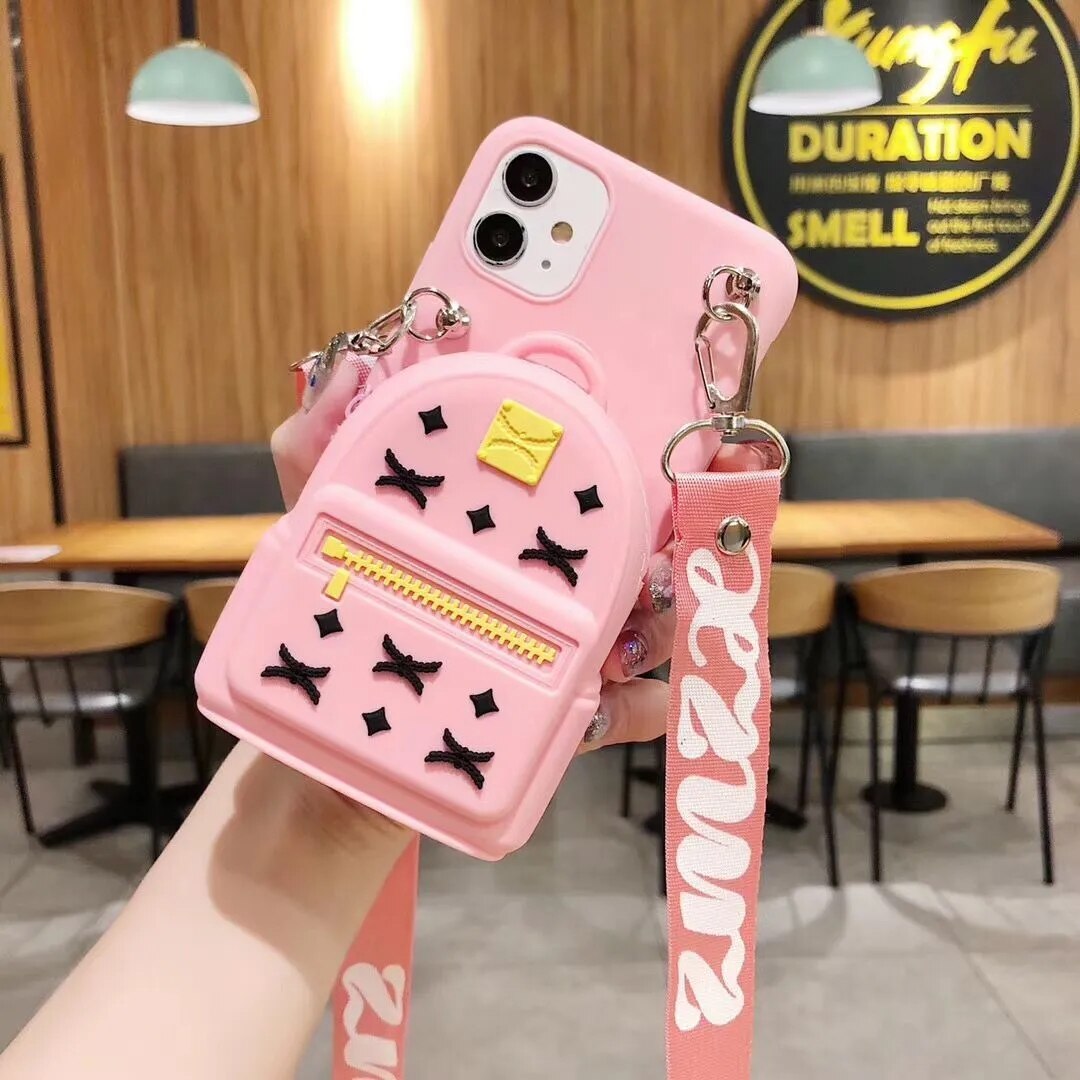 Cute Soft Silicone Animated Fashion Protective Back Cover with Pocket and Detachable Necklace for iPhone