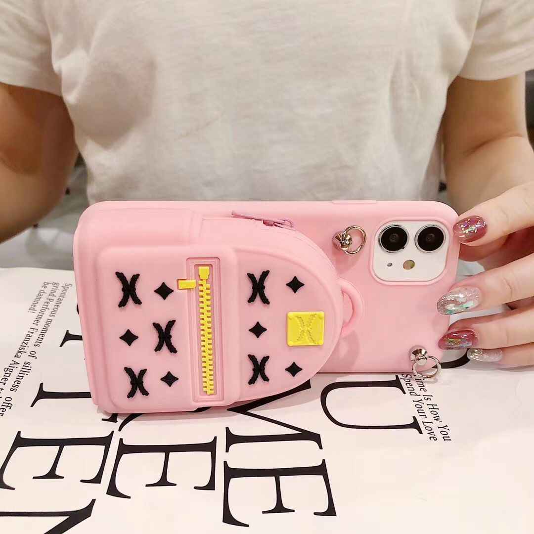 Cute Soft Silicone Animated Fashion Protective Back Cover with Pocket and Detachable Necklace for iPhone