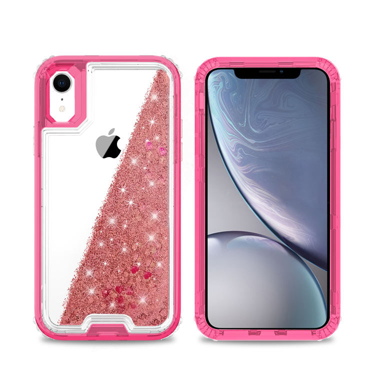 Liquid Bling Bling Sparkle Glitter 3 Layers Transparent Defender Armor Case For iPhone XR 6.1"
