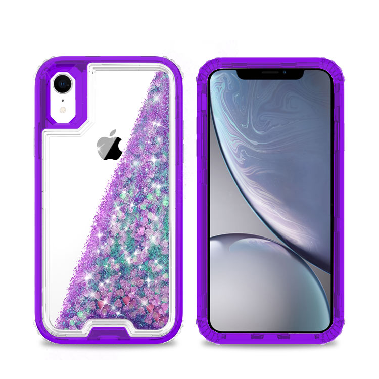 Liquid Bling Bling Sparkle Glitter 3 Layers Transparent Defender Armor Case For iPhone XR 6.1"