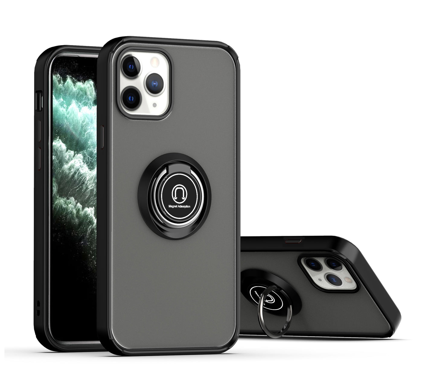 360 Degrees Rotating Metal Ring Kickstand, Heavy Duty Shockproof Protective Cover Rubber Hybrid Matte Clear Case For iPhone 12/12Pro
