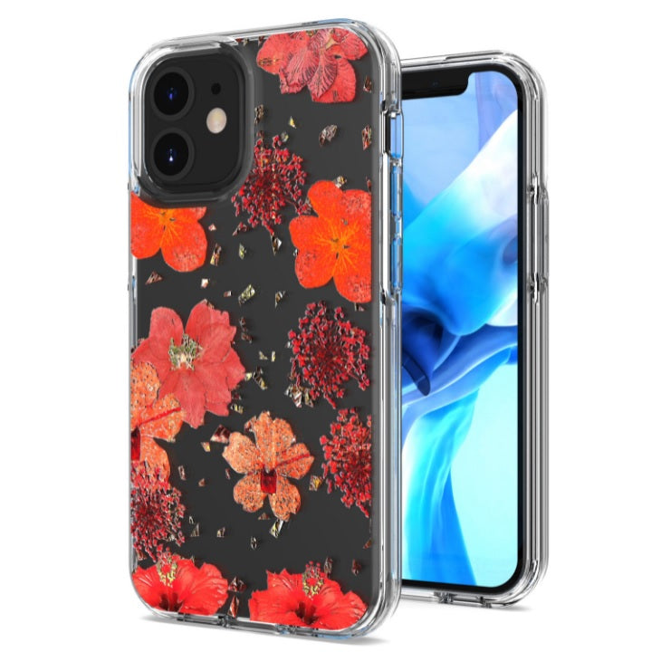 Embossing Flower Print PC+TPU Transparent Hybrid Rugged Armor Case For iPhone 12 Pro Max 6.7"