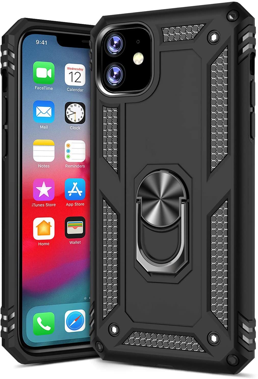 PC+TPU Dual Layer Hybrid Rugged Shockproof Cover Case w/360 Degrees Rotating Ring Stand For iPhone 11 Pro 5.8"