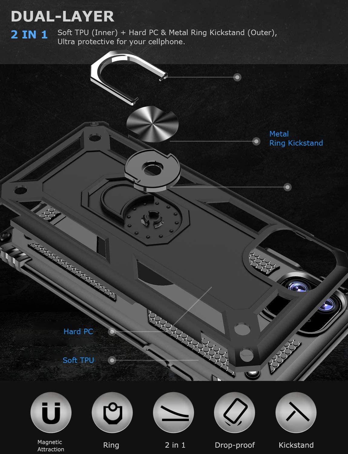 PC+TPU Dual Layer Hybrid Rugged Shockproof Cover Case w/360 Degrees Rotating Ring Stand For iPhone 11 Pro 5.8"