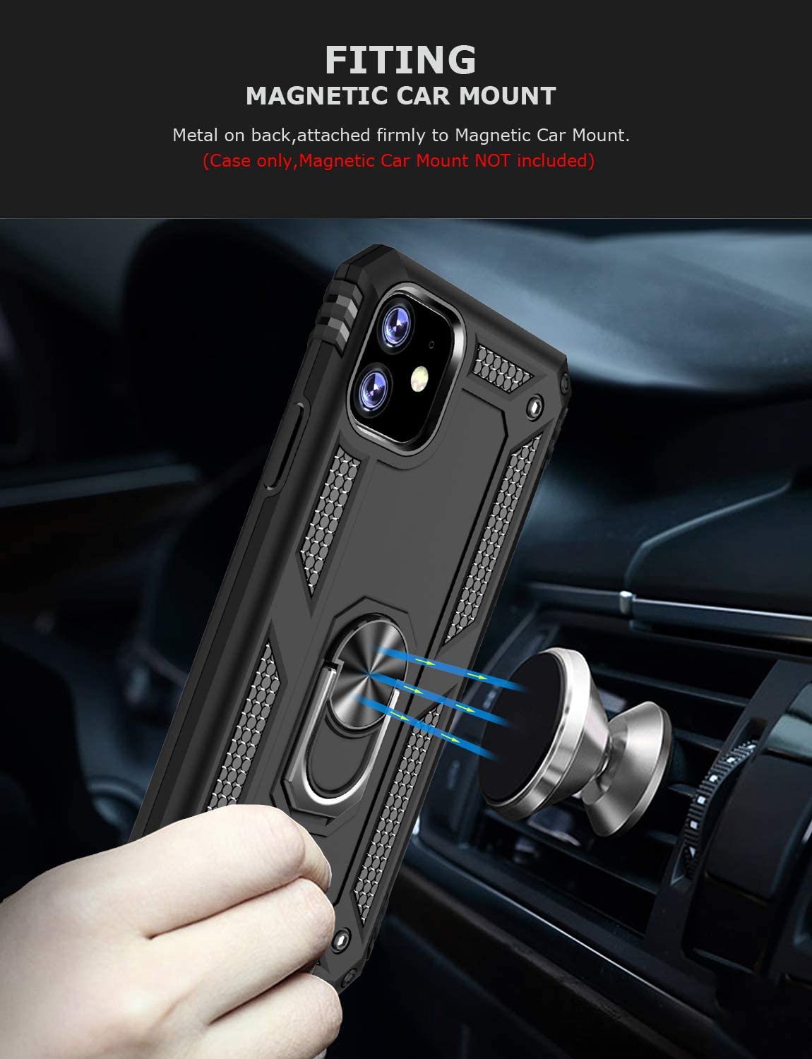 PC+TPU Dual Layer Hybrid Rugged Shockproof Cover Case w/360 Degrees Rotating Ring Stand For iPhone 11 Pro Max 6.5"