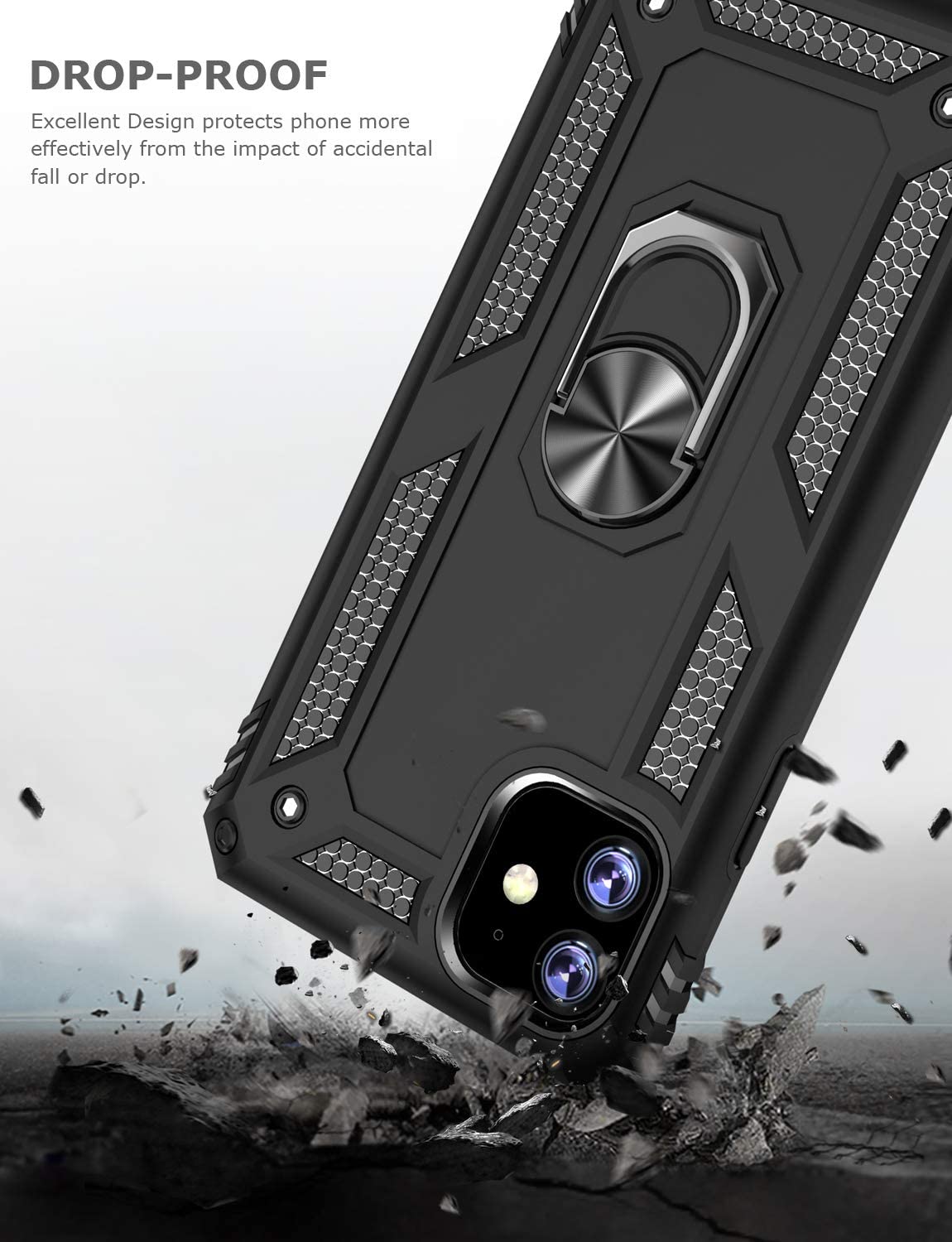PC+TPU Dual Layer Hybrid Rugged Shockproof Cover Case w/360 Degrees Rotating Ring Stand For iPhone 11 Pro Max 6.5"