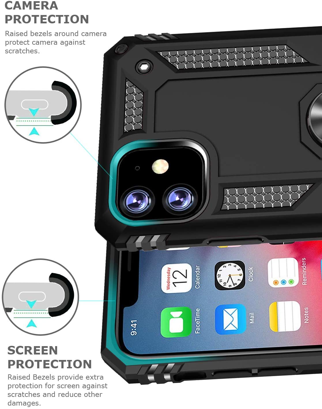 PC+TPU Dual Layer Hybrid Rugged Shockproof Cover Case w/360 Degrees Rotating Ring Stand For iPhone 11 Pro Max 6.5"