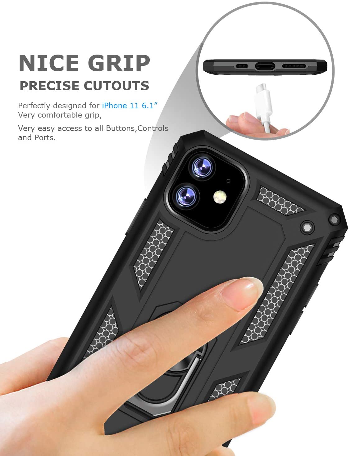 PC+TPU Dual Layer Hybrid Rugged Shockproof Cover Case w/360 Degrees Rotating Ring Stand For iPhone 11 Pro 5.8"