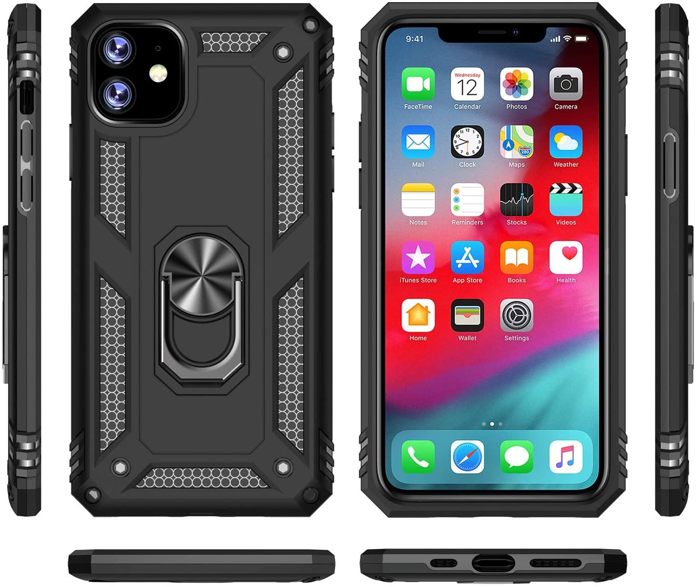 PC+TPU Dual Layer Hybrid Rugged Shockproof Cover Case w/360 Degrees Rotating Ring Stand For iPhone 11 Pro Max 6.5"