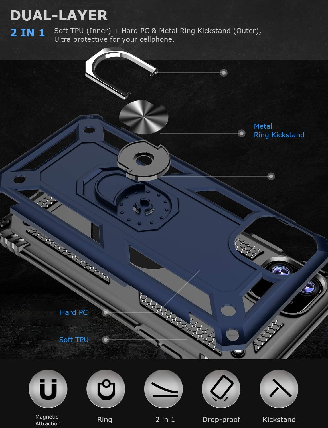 PC+TPU Dual Layer Hybrid Rugged Shockproof Cover Case w/360 Degrees Rotating Ring Stand For iPhone 11 Pro 5.8"