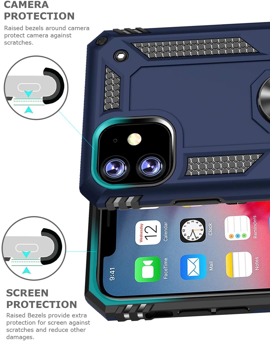 PC+TPU Dual Layer Hybrid Rugged Shockproof Cover Case w/360 Degrees Rotating Ring Stand For iPhone 11 Pro Max 6.5"