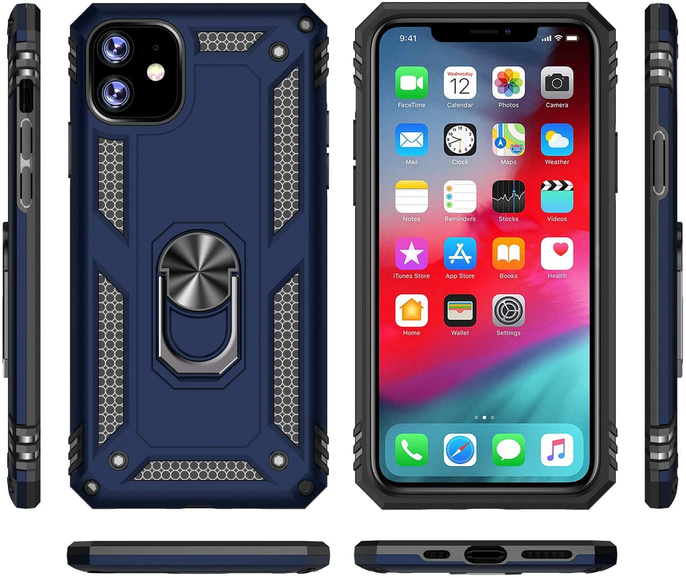 PC+TPU Dual Layer Hybrid Rugged Shockproof Cover Case w/360 Degrees Rotating Ring Stand For iPhone 11 Pro 5.8"