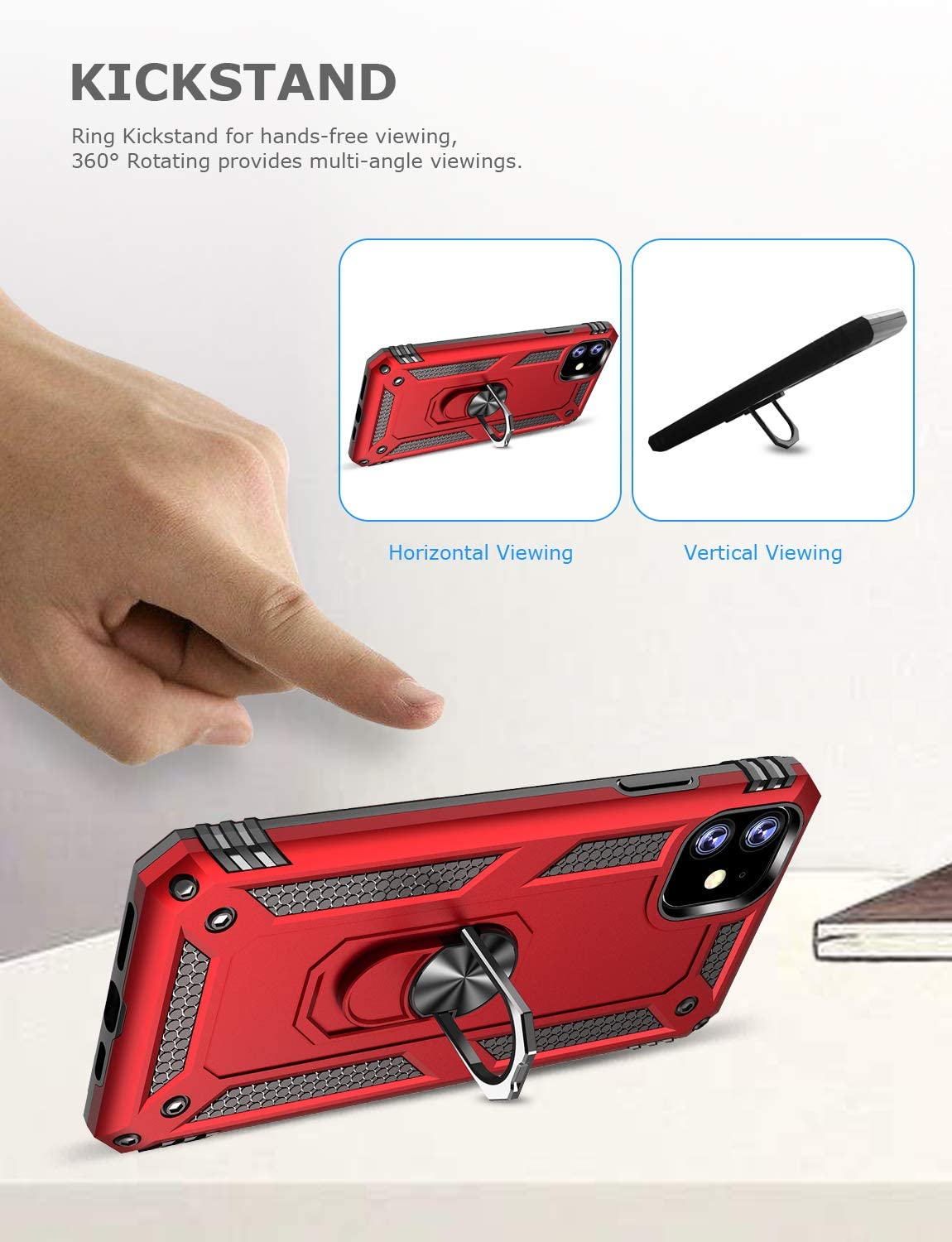 PC+TPU Dual Layer Hybrid Rugged Shockproof Cover Case w/360 Degrees Rotating Ring Stand For iPhone 11 Pro Max 6.5"