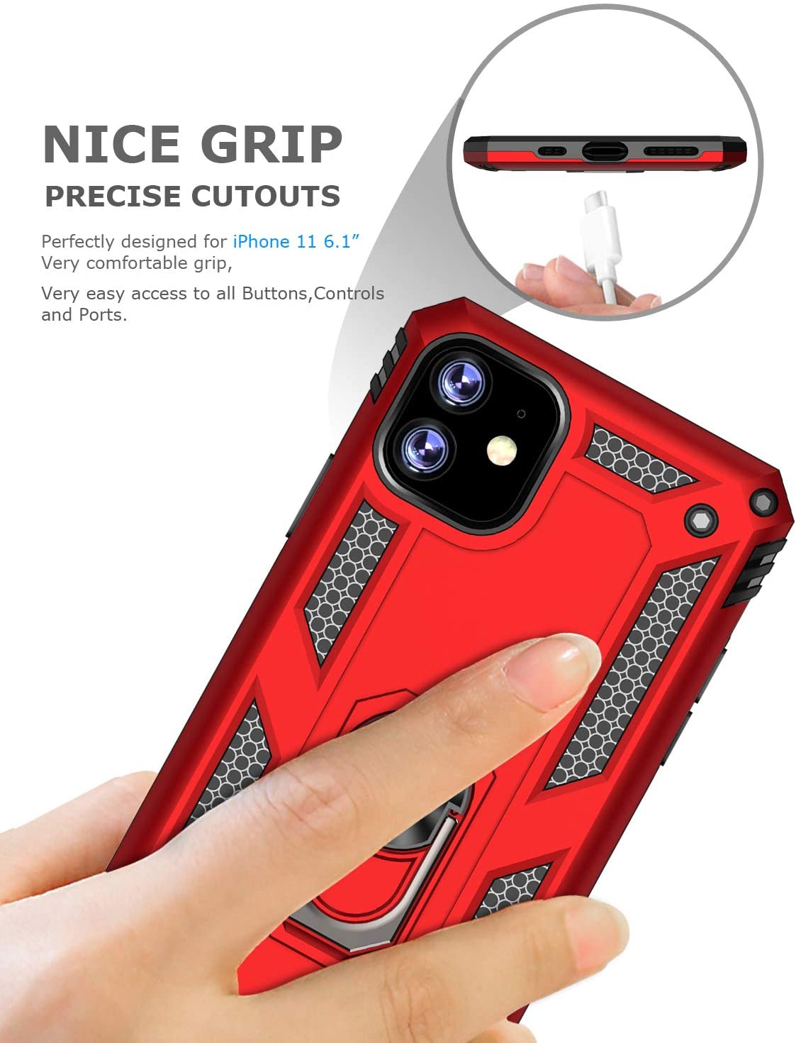 PC+TPU Dual Layer Hybrid Rugged Shockproof Cover Case w/360 Degrees Rotating Ring Stand For iPhone 11 Pro Max 6.5"