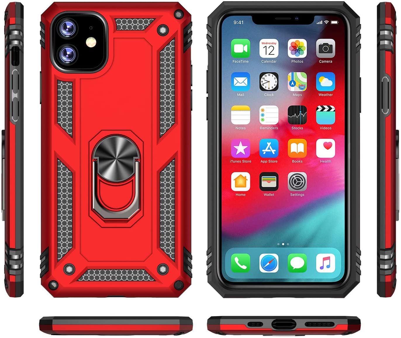 PC+TPU Dual Layer Hybrid Rugged Shockproof Cover Case w/360 Degrees Rotating Ring Stand For iPhone 11 Pro Max 6.5"