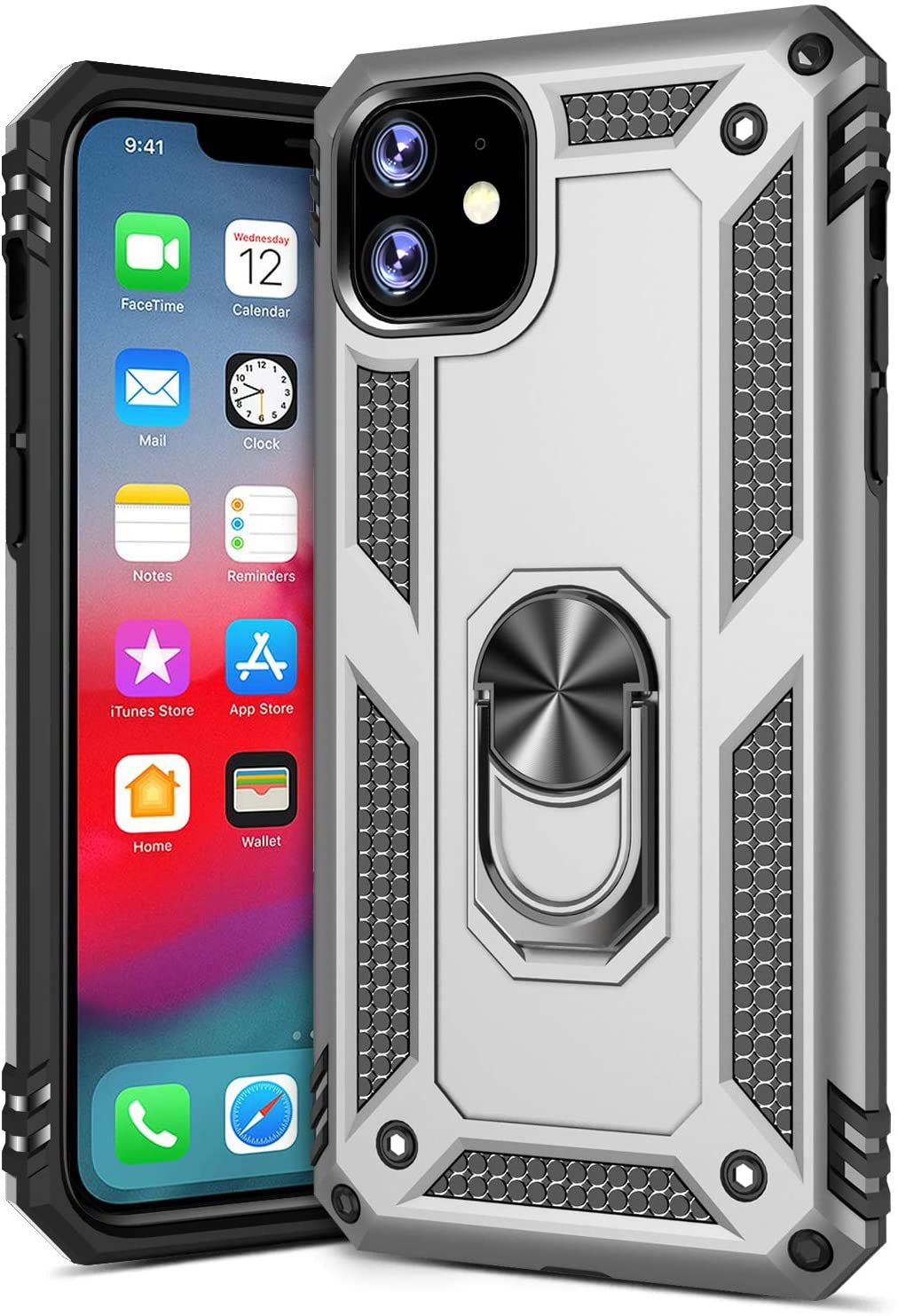 PC+TPU Dual Layer Hybrid Rugged Shockproof Cover Case w/360 Degrees Rotating Ring Stand For iPhone 11 Pro 5.8"