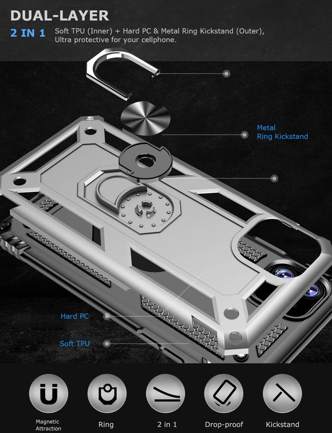 PC+TPU Dual Layer Hybrid Rugged Shockproof Cover Case w/360 Degrees Rotating Ring Stand For iPhone 11 Pro 5.8"