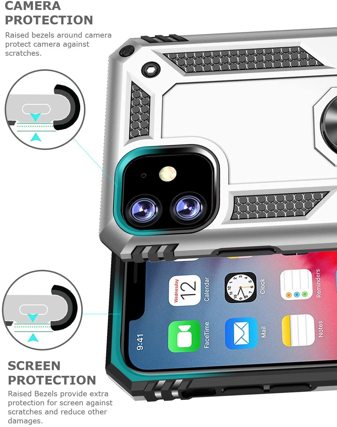 PC+TPU Dual Layer Hybrid Rugged Shockproof Cover Case w/360 Degrees Rotating Ring Stand For iPhone 11 Pro Max 6.5"