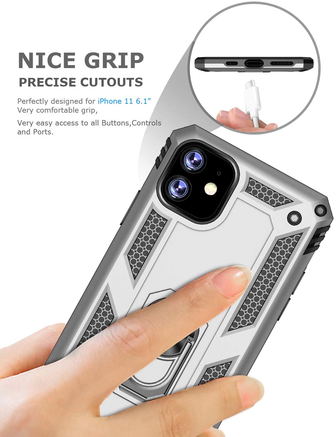 PC+TPU Dual Layer Hybrid Rugged Shockproof Cover Case w/360 Degrees Rotating Ring Stand For iPhone 11 Pro 5.8"