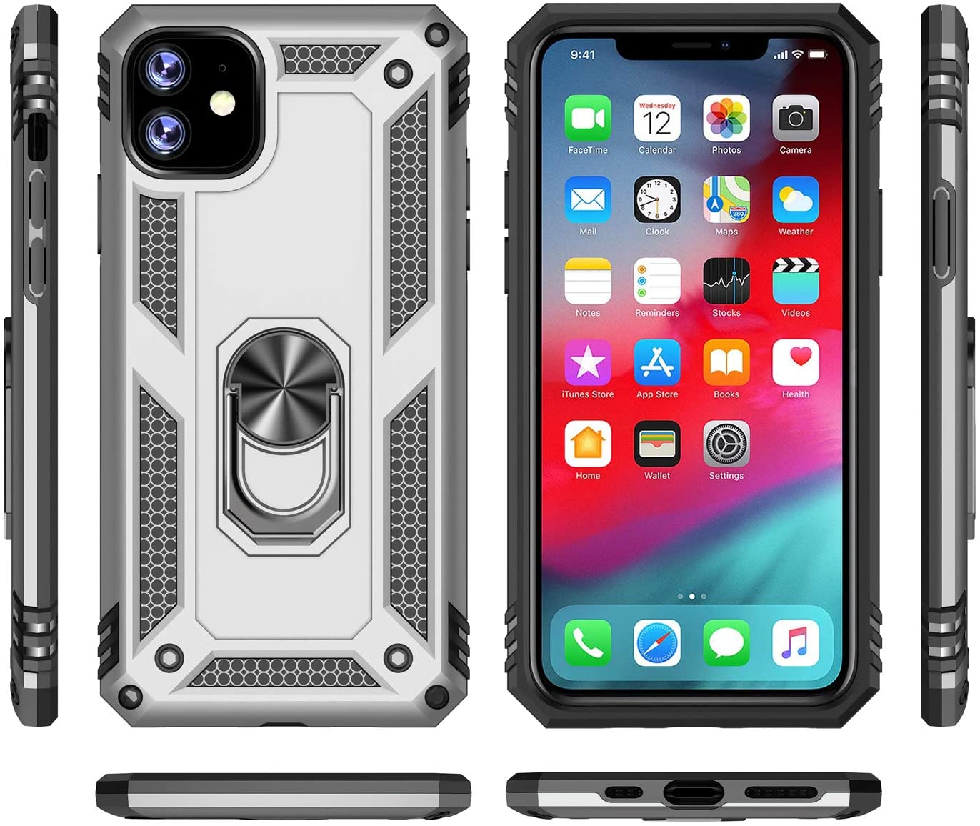 PC+TPU Dual Layer Hybrid Rugged Shockproof Cover Case w/360 Degrees Rotating Ring Stand For iPhone 11 Pro 5.8"