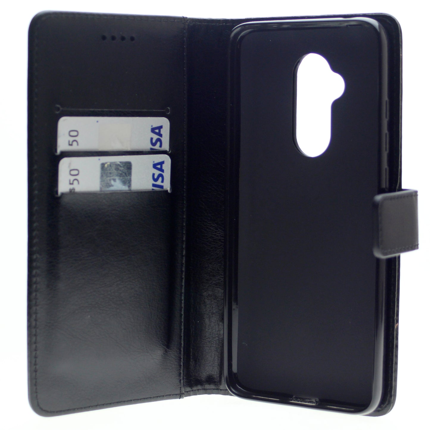 Leather Folio Flip Wallet Case w/Magnetic Clip Card Holders For Alcatel 7(2018) 6.0"-Black