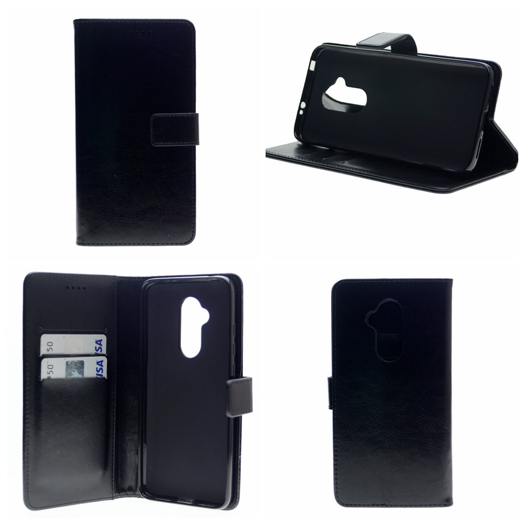 Leather Folio Flip Wallet Case w/Magnetic Clip Card Holders For Alcatel 7(2018) 6.0"-Black