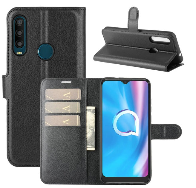 Leather Folio Flip Wallet Case w/Magnetic Clip Card Holders For Alcatel 1B(2020) 5.5"-Black
