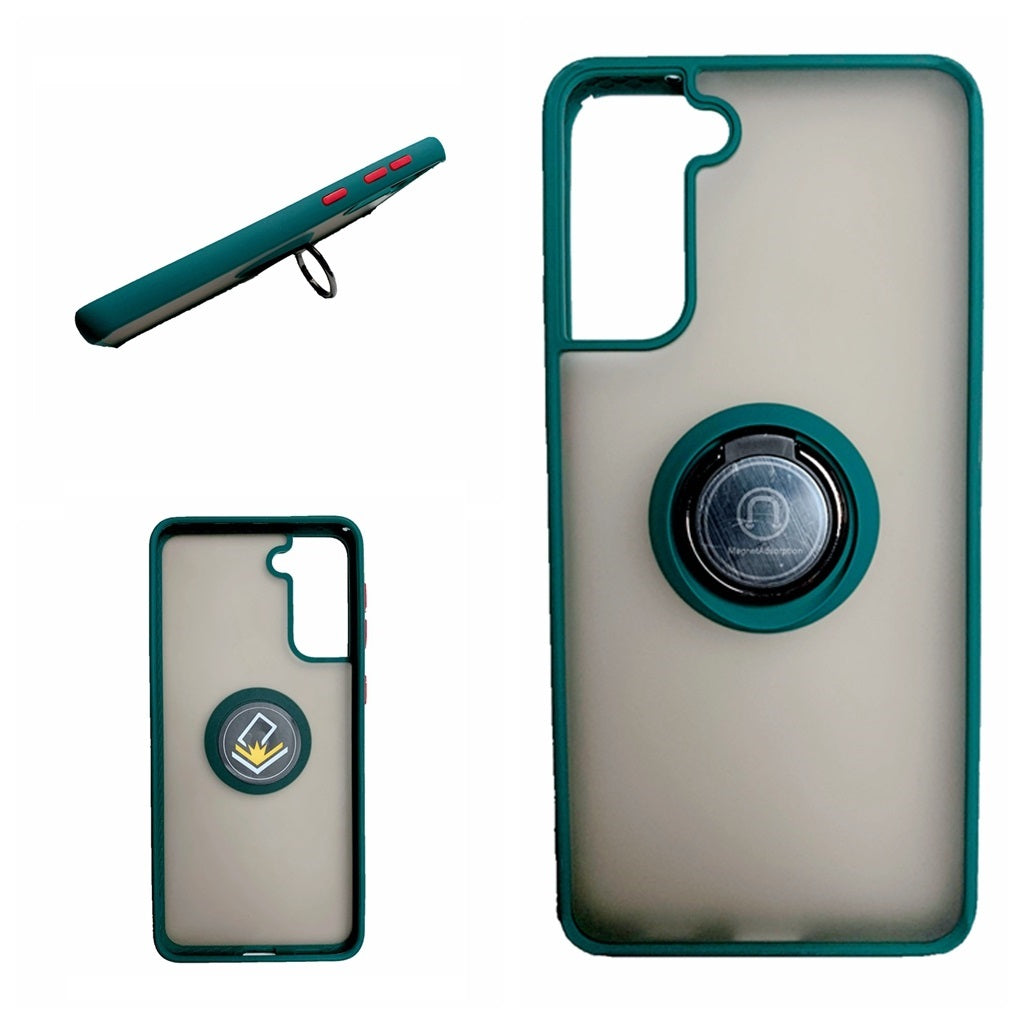 360 Degrees Rotating Metal Ring Kickstand, Heavy Duty Shockproof Protective Cover Rubber Hybrid Matte Clear Case For Samsung S21 5G 6.2"