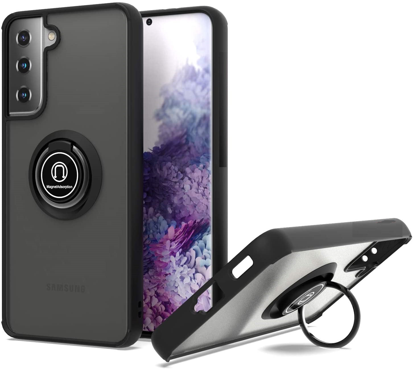 360 Degrees Rotating Metal Ring Kickstand, Heavy Duty Shockproof Protective Cover Rubber Hybrid Matte Clear Case For Samsung S21 5G 6.2"