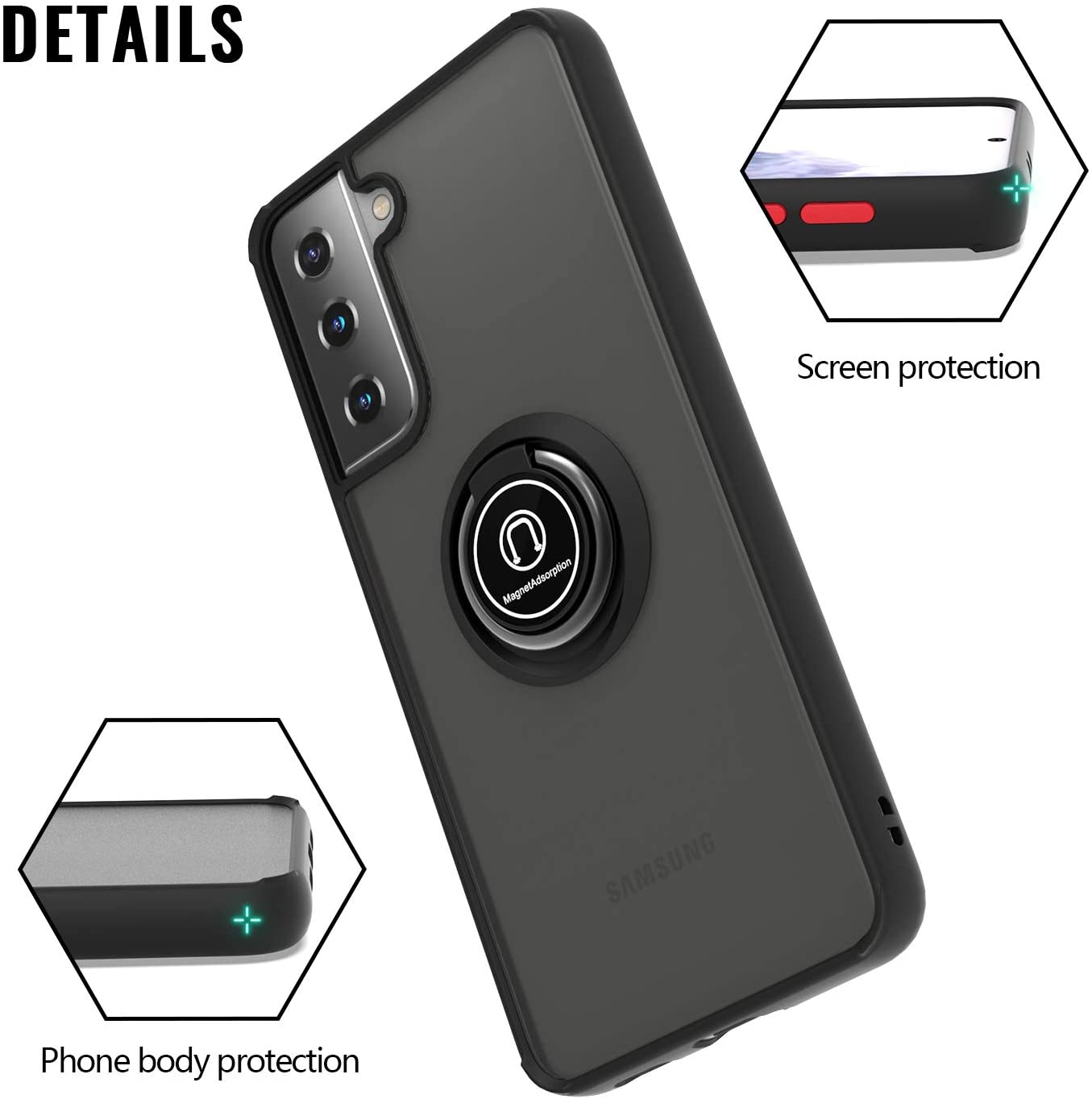 360 Degrees Rotating Metal Ring Kickstand, Heavy Duty Shockproof Protective Cover Rubber Hybrid Matte Clear Case For Samsung S21 Plus 5G 6.7"
