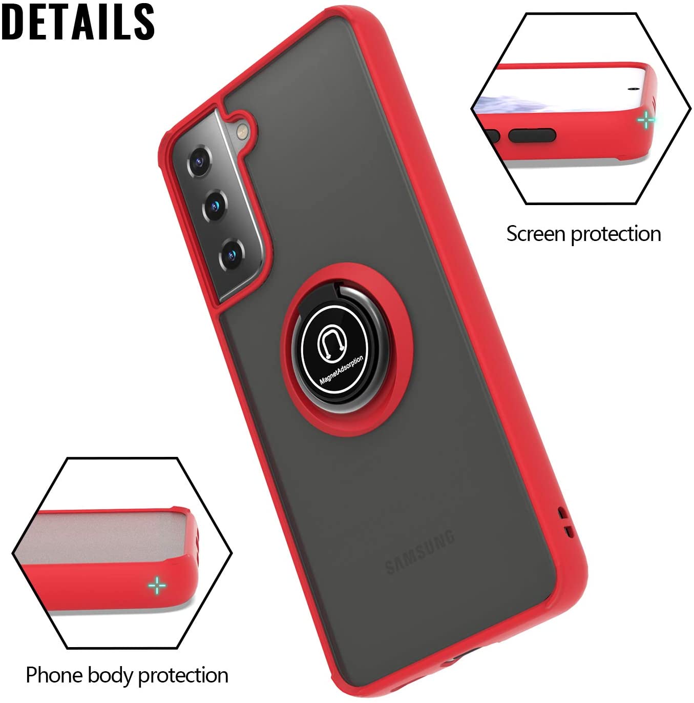 360 Degrees Rotating Metal Ring Kickstand, Heavy Duty Shockproof Protective Cover Rubber Hybrid Matte Clear Case For Samsung S21 5G 6.2"