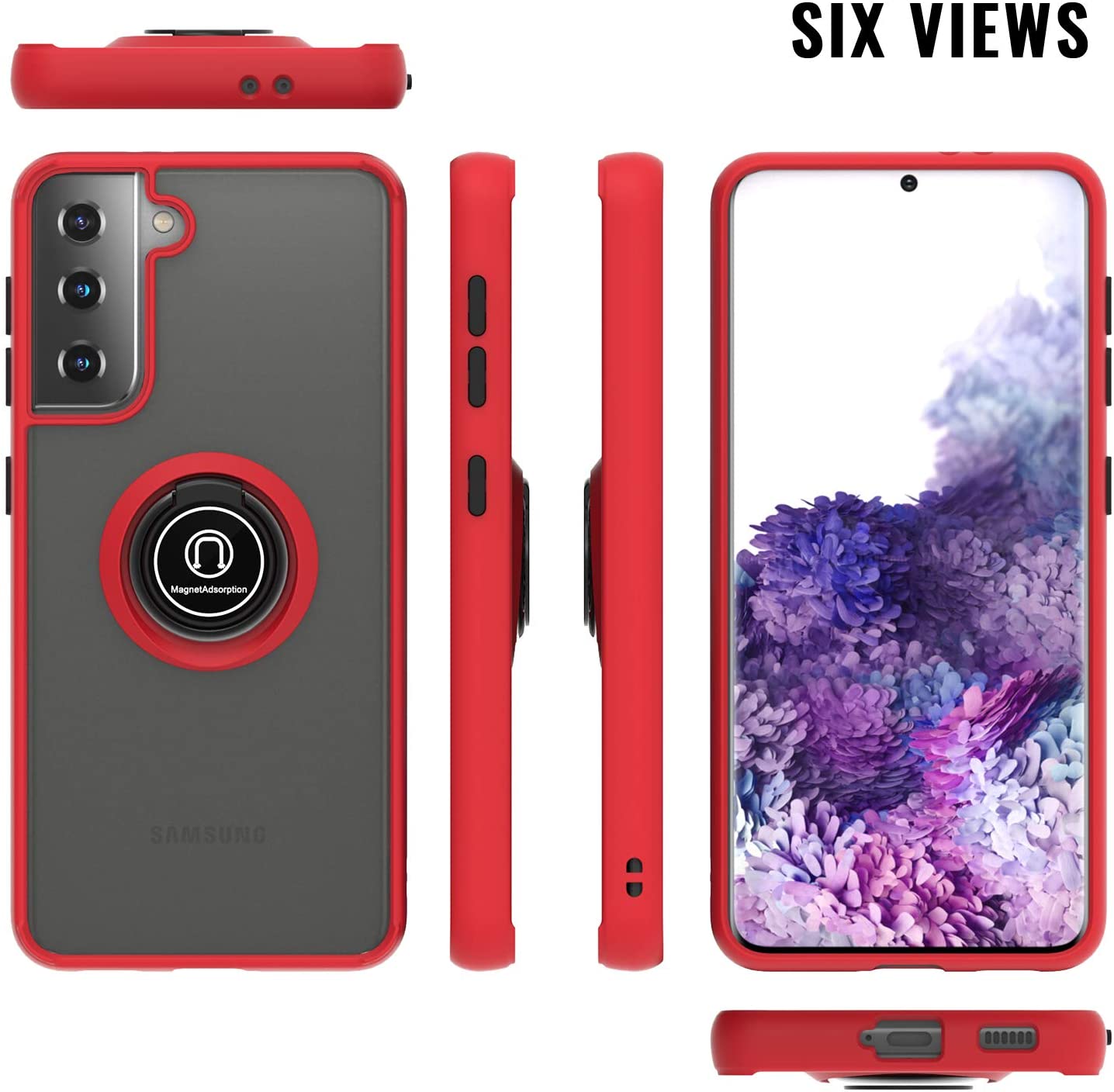 360 Degrees Rotating Metal Ring Kickstand, Heavy Duty Shockproof Protective Cover Rubber Hybrid Matte Clear Case For Samsung S21 Plus 5G 6.7"