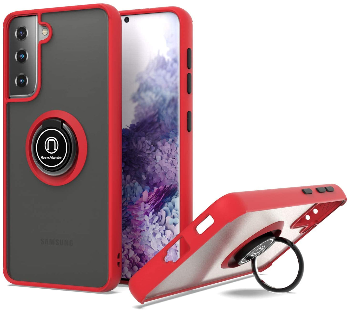 360 Degrees Rotating Metal Ring Kickstand, Heavy Duty Shockproof Protective Cover Rubber Hybrid Matte Clear Case For Samsung S21 Plus 5G 6.7"