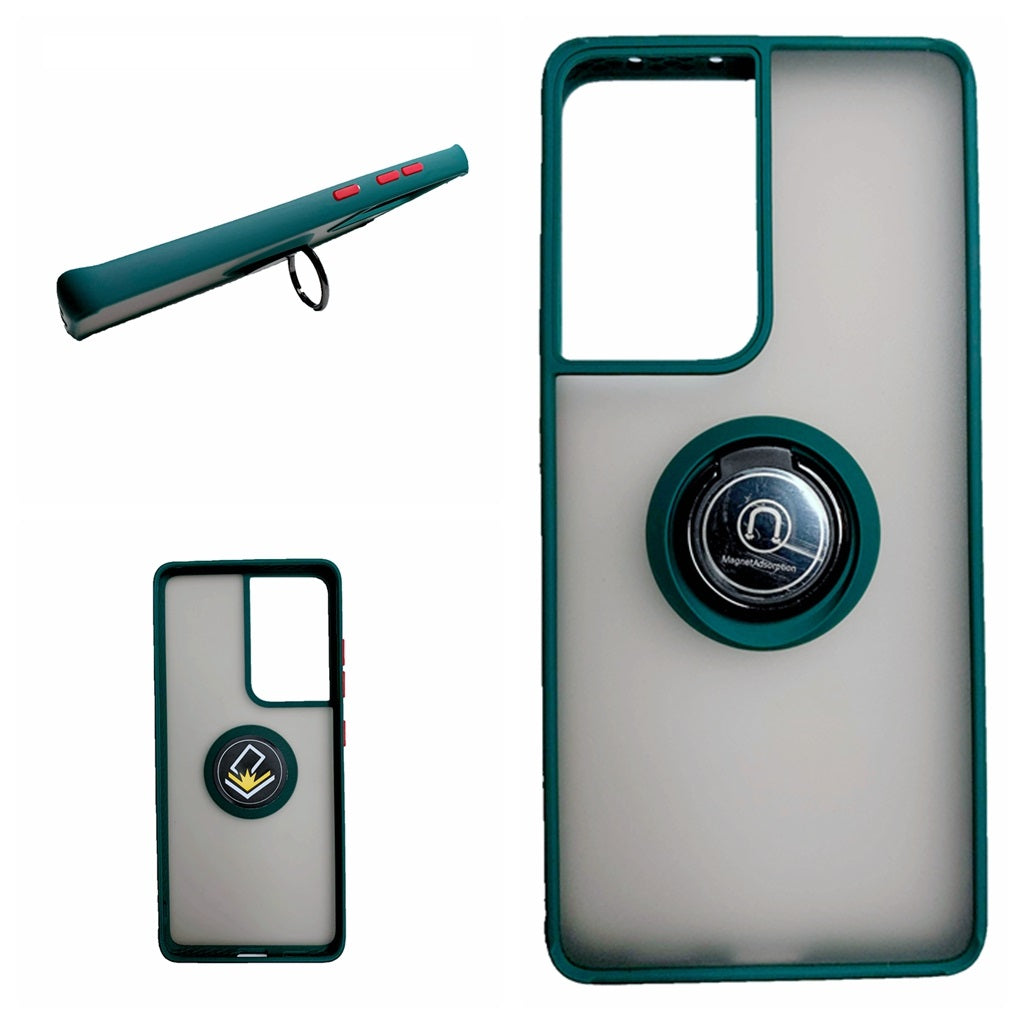 360 Degrees Rotating Metal Ring Kickstand, Heavy Duty Shockproof Protective Cover Rubber Hybrid Matte Clear Case For Samsung S21 Ultra 5G 6.8"