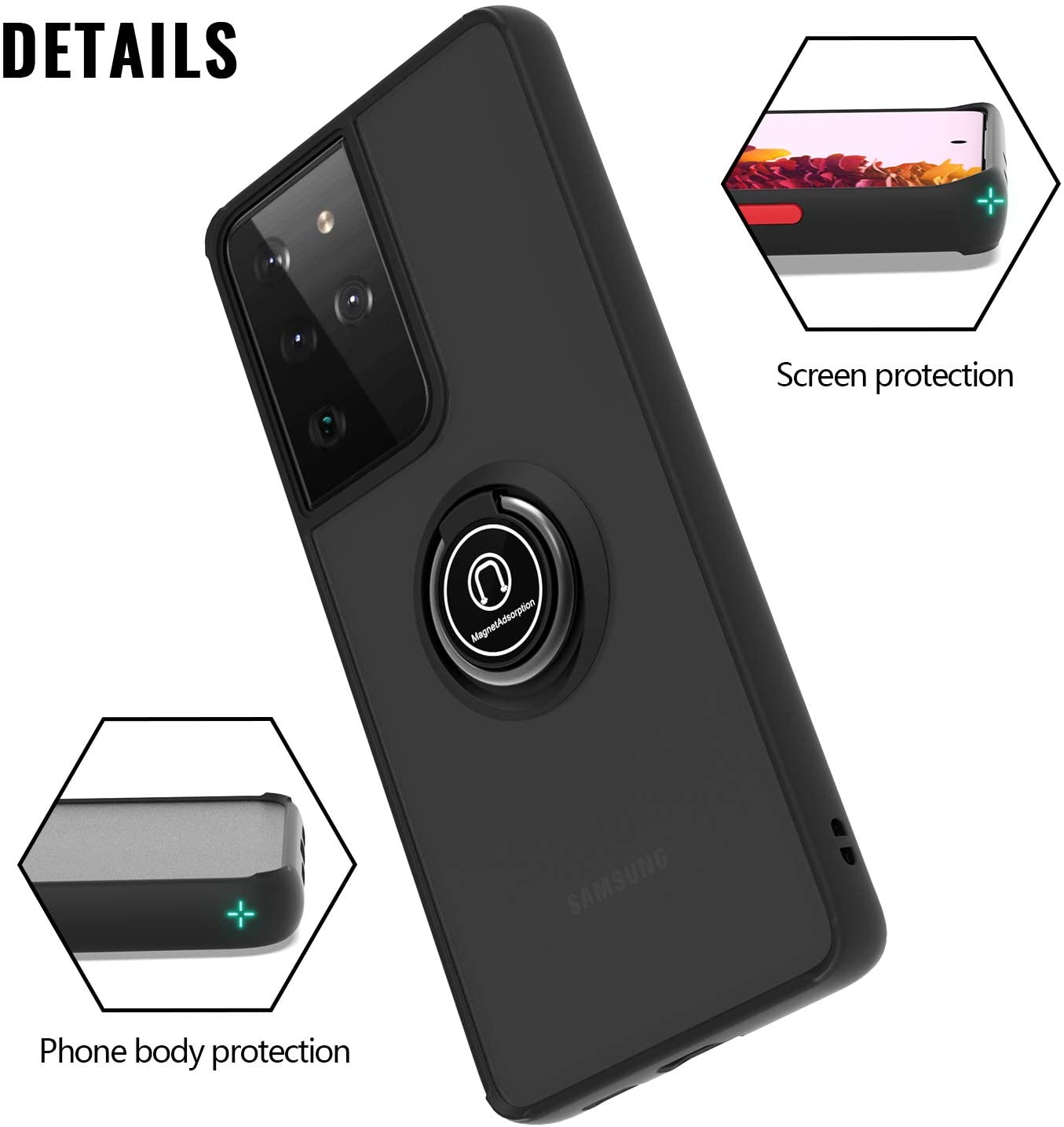 360 Degrees Rotating Metal Ring Kickstand, Heavy Duty Shockproof Protective Cover Rubber Hybrid Matte Clear Case For Samsung S21 Ultra 5G 6.8"