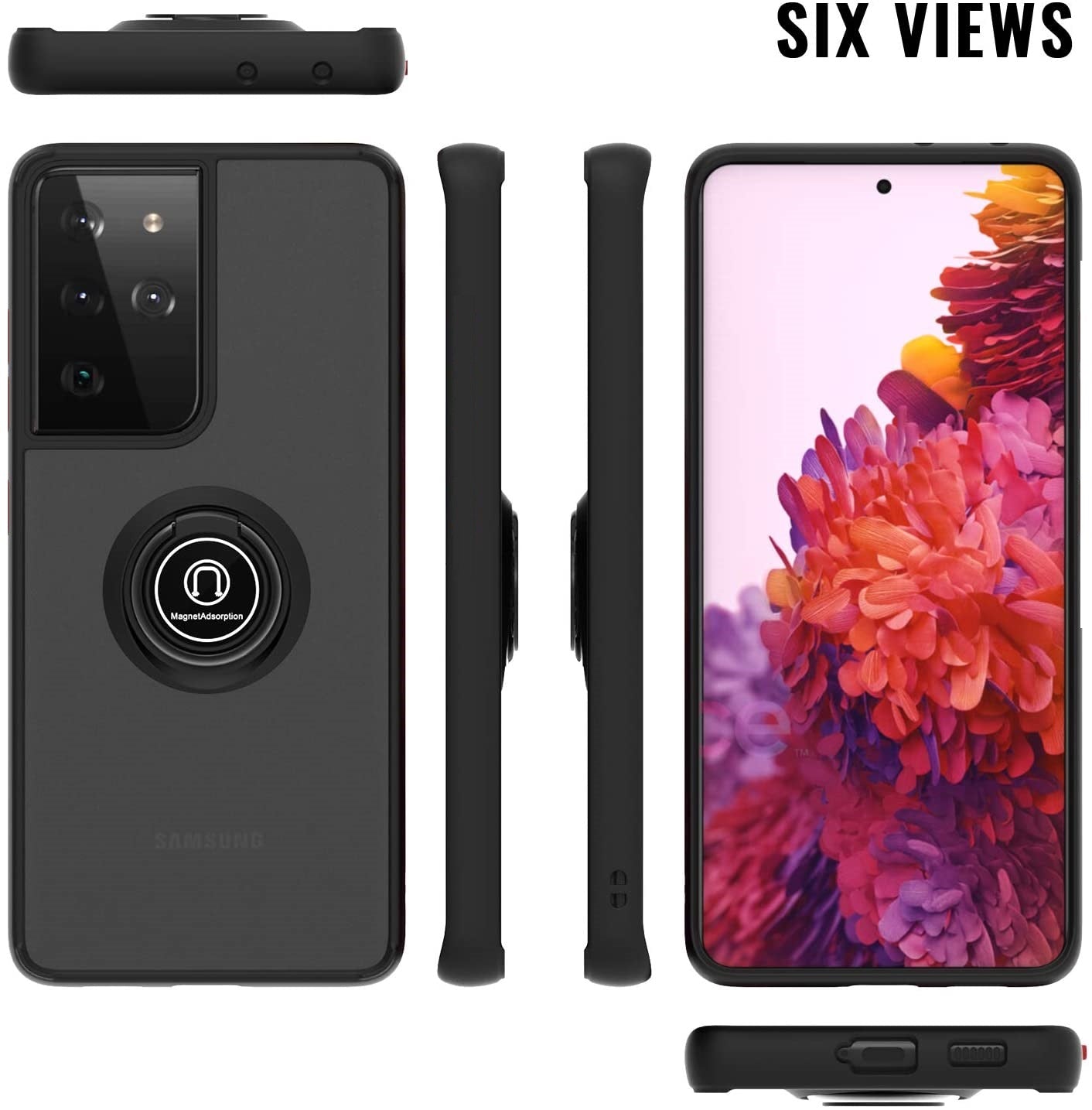 360 Degrees Rotating Metal Ring Kickstand, Heavy Duty Shockproof Protective Cover Rubber Hybrid Matte Clear Case For Samsung S21 Ultra 5G 6.8"