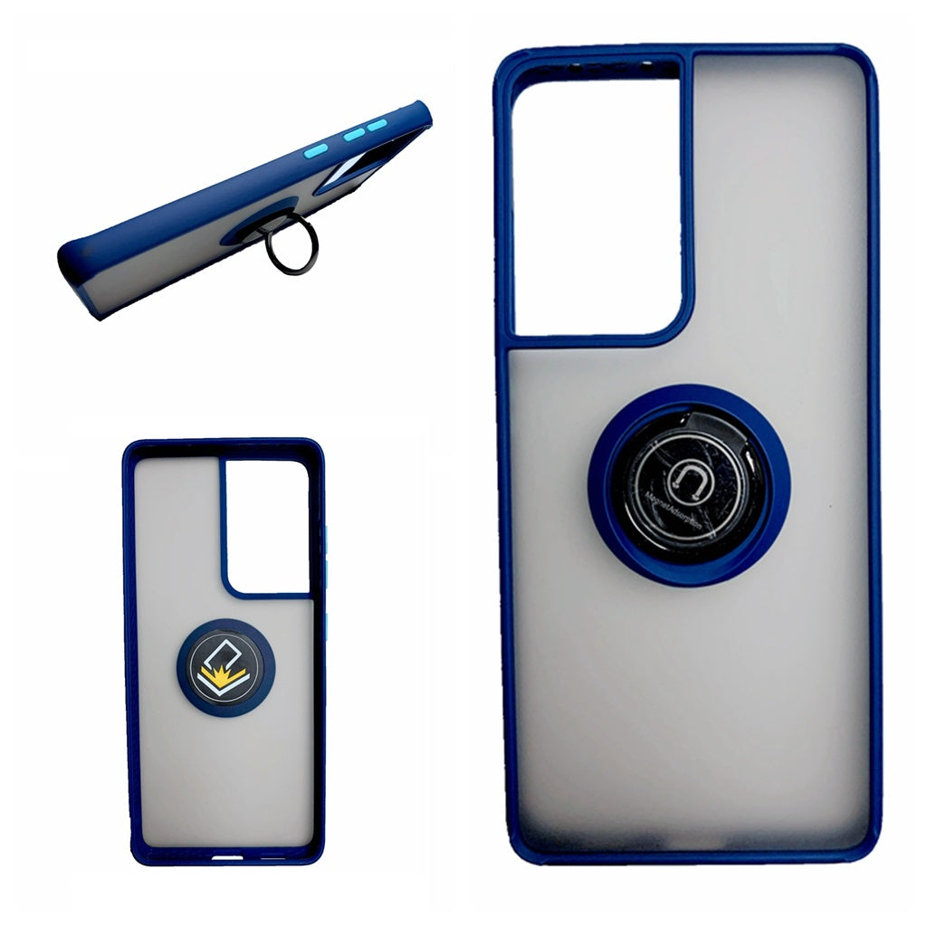 360 Degrees Rotating Metal Ring Kickstand, Heavy Duty Shockproof Protective Cover Rubber Hybrid Matte Clear Case For Samsung S21 Ultra 5G 6.8"