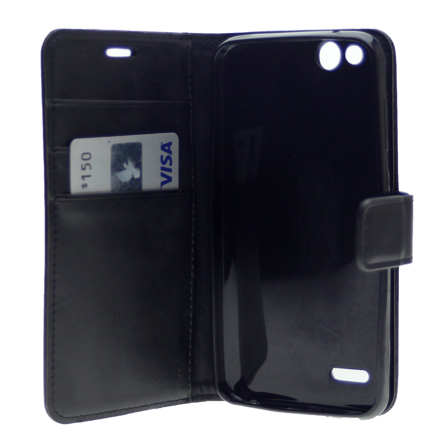 Leather Folio Flip Wallet Case w/Magnetic Clip Card Holders For ZTE Z557(2019) 5"-Black