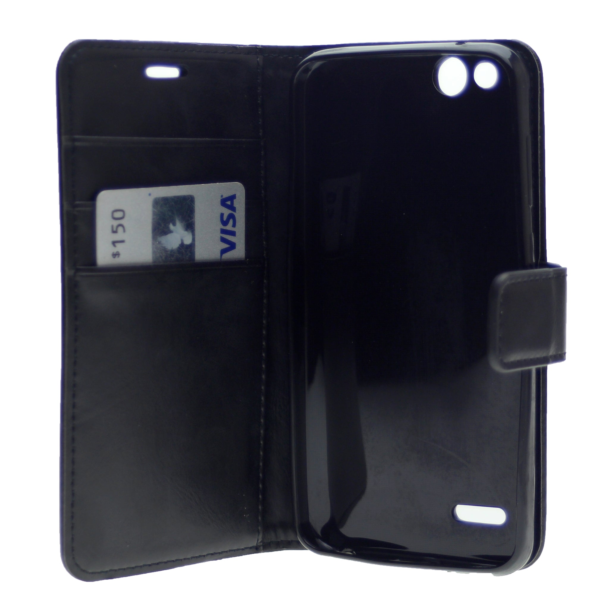 Leather Folio Flip Wallet Case w/Magnetic Clip Card Holders For ZTE Z557(2019) 5"-Black