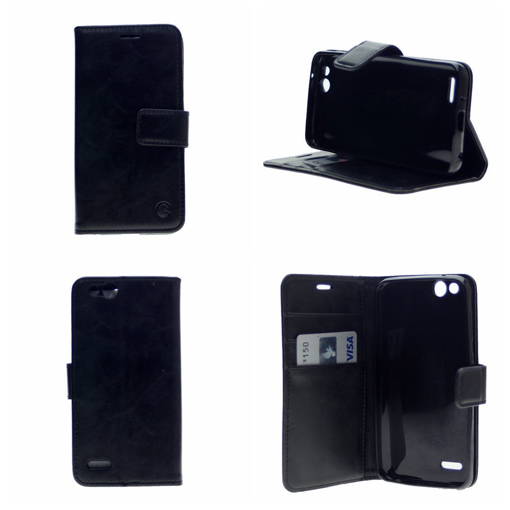 Leather Folio Flip Wallet Case w/Magnetic Clip Card Holders For ZTE Z557(2019) 5"-Black